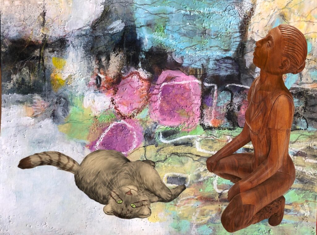 A painting of two cats and a dog