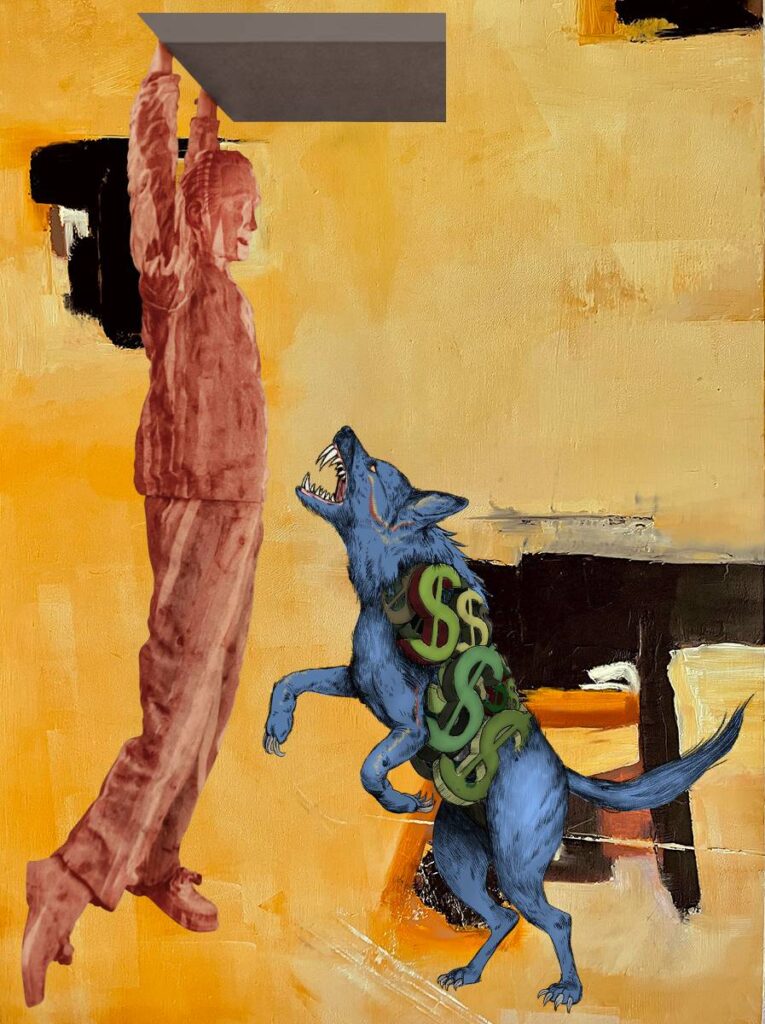 A painting of a man and dog with dollar signs on their heads.